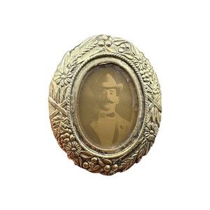 Antique Victorian Mourning Silver and Gold Tone Picture Photo Pin Brooch